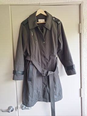 Michael Kors Belted Trench Coat Jacket XL Olive Green Faux Leather Trim EUC